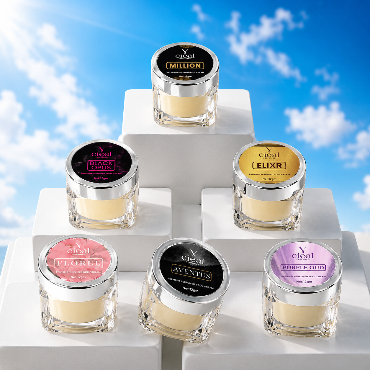 CIEAL PREMIUM SOLID PERFUME SET OF 6 – ELIXIR | BLACK OPUS | AVENTUS | PURPLE OUD | MILLION | FLOREL (UNISEX)