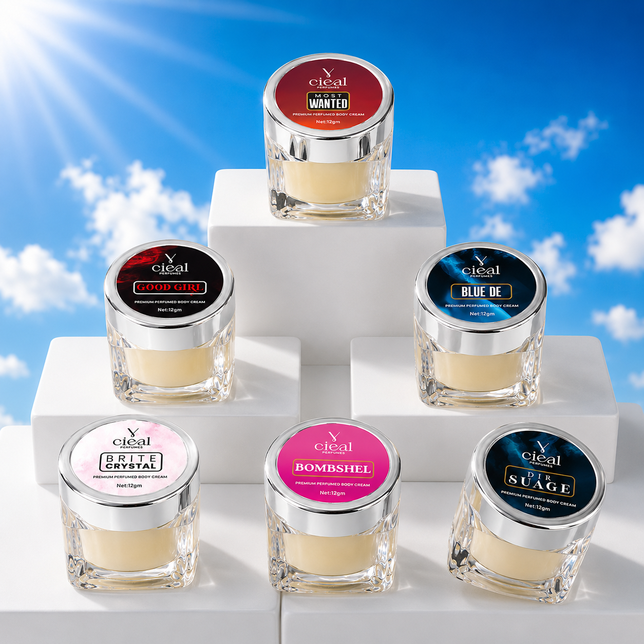 CIEAL PREMIUM SOLID PERFUME SET OF 6 – DIR SUAGE | BRITE CRYSTAL | MOST WANTED | BOMBSHEL | BLUE DE | GOOD GIRL (UNISEX)