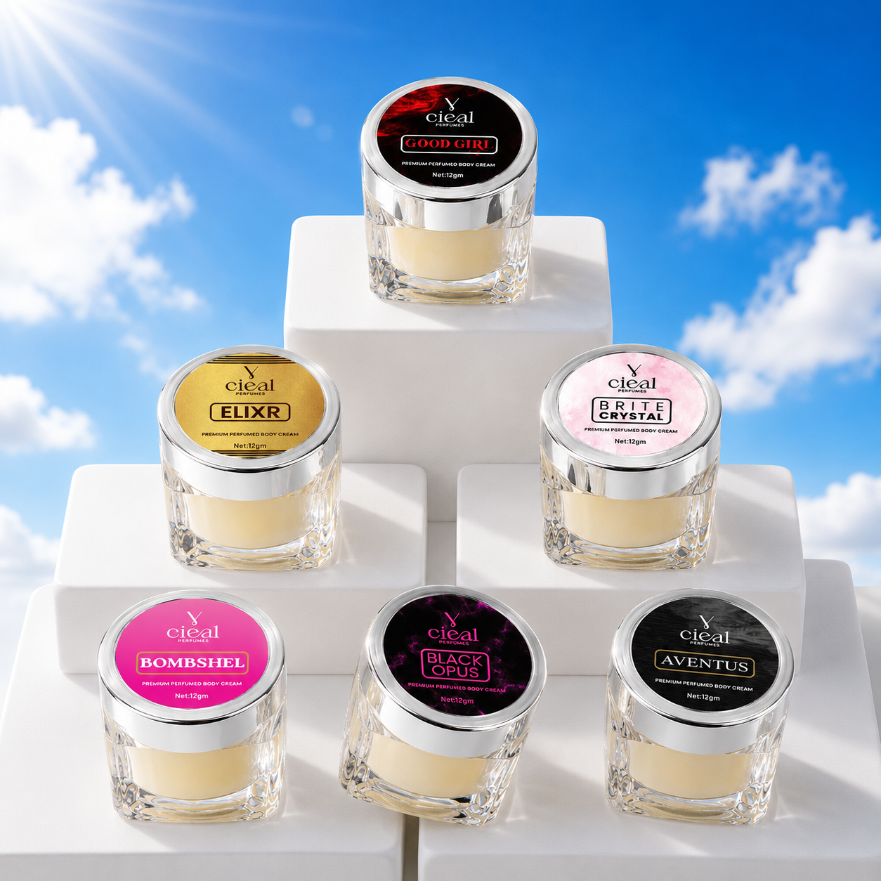 CIEAL PREMIUM SOLID PERFUME SET OF 6 – ELIXIR | BRITE CRYSTAL | AVENTUS | GOOD GIRL | BLACK OPUS | BOMBSHEL (UNISEX)
