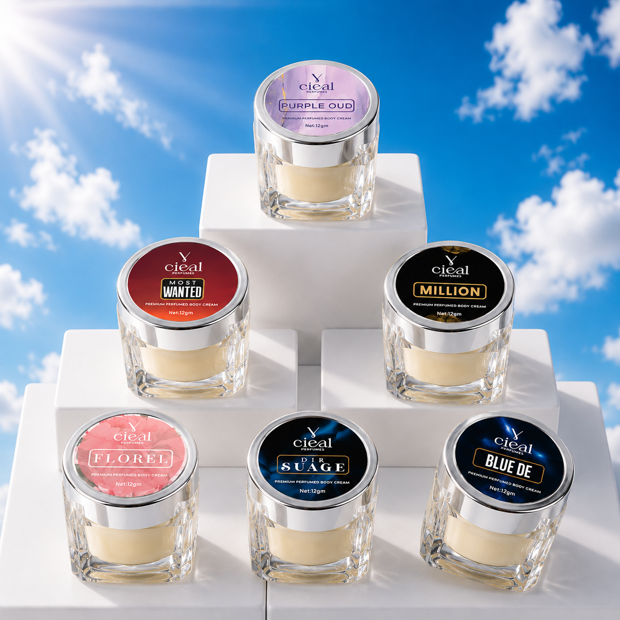 CIEAL PREMIUM SOLID PERFUME SET OF 6 – MILLION | FLOREL | DIR SUAGE | PURPLE OUD | MOST WANTED | BLUE DE (UNISEX)