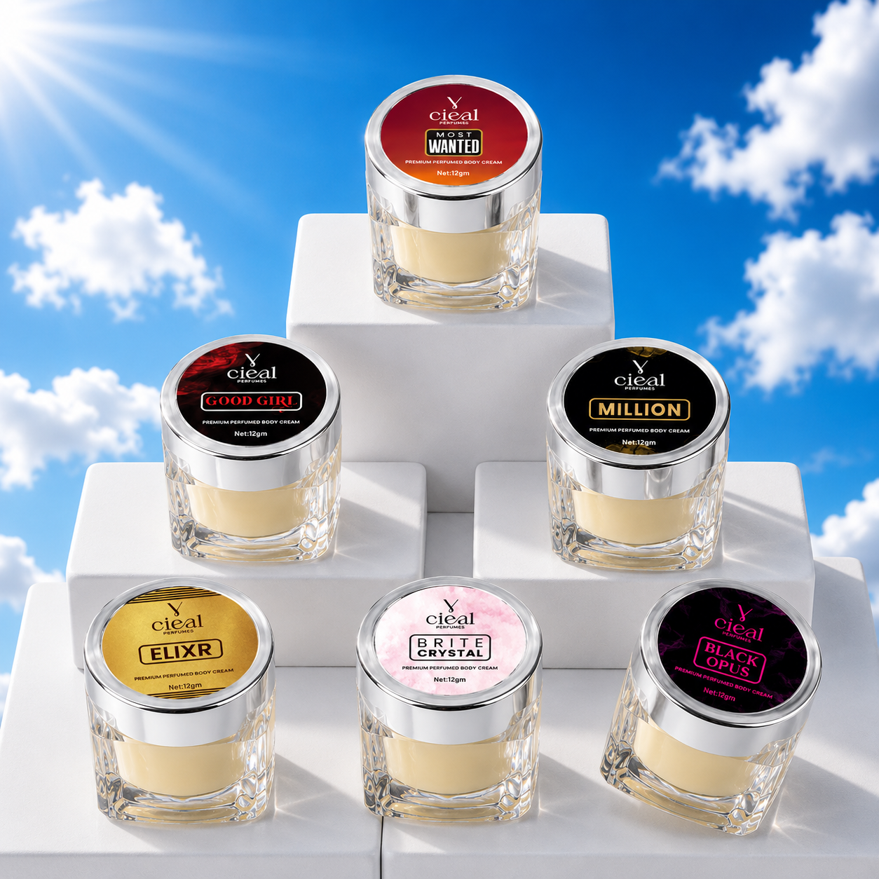 CIEAL PREMIUM SOLID PERFUME SET OF 6 – ELIXIR | MOST WANTED | BLACK OPUS | BRITE CRYSTAL | MILLION | GOOD GIRL (UNISEX)