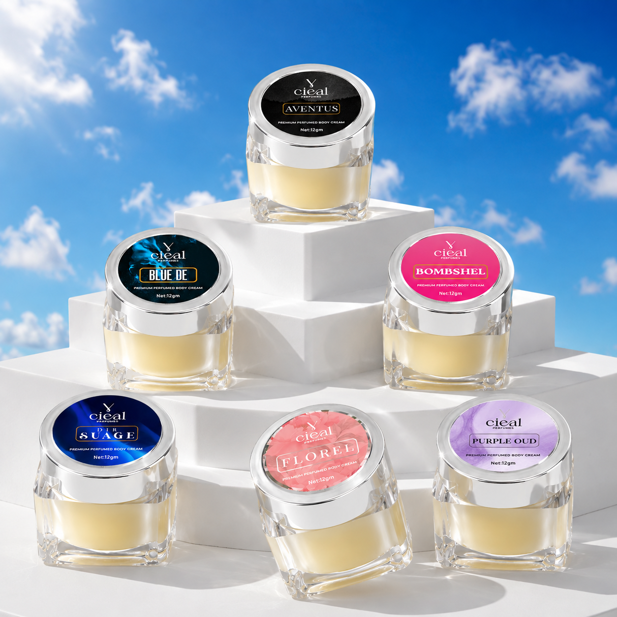 CIEAL PREMIUM SOLID PERFUME SET OF 6 – AVENTUS | DIR SUAGE | FLOREL | BOMBSHEL | PURPLE OUD | BLUE DE (UNISEX)