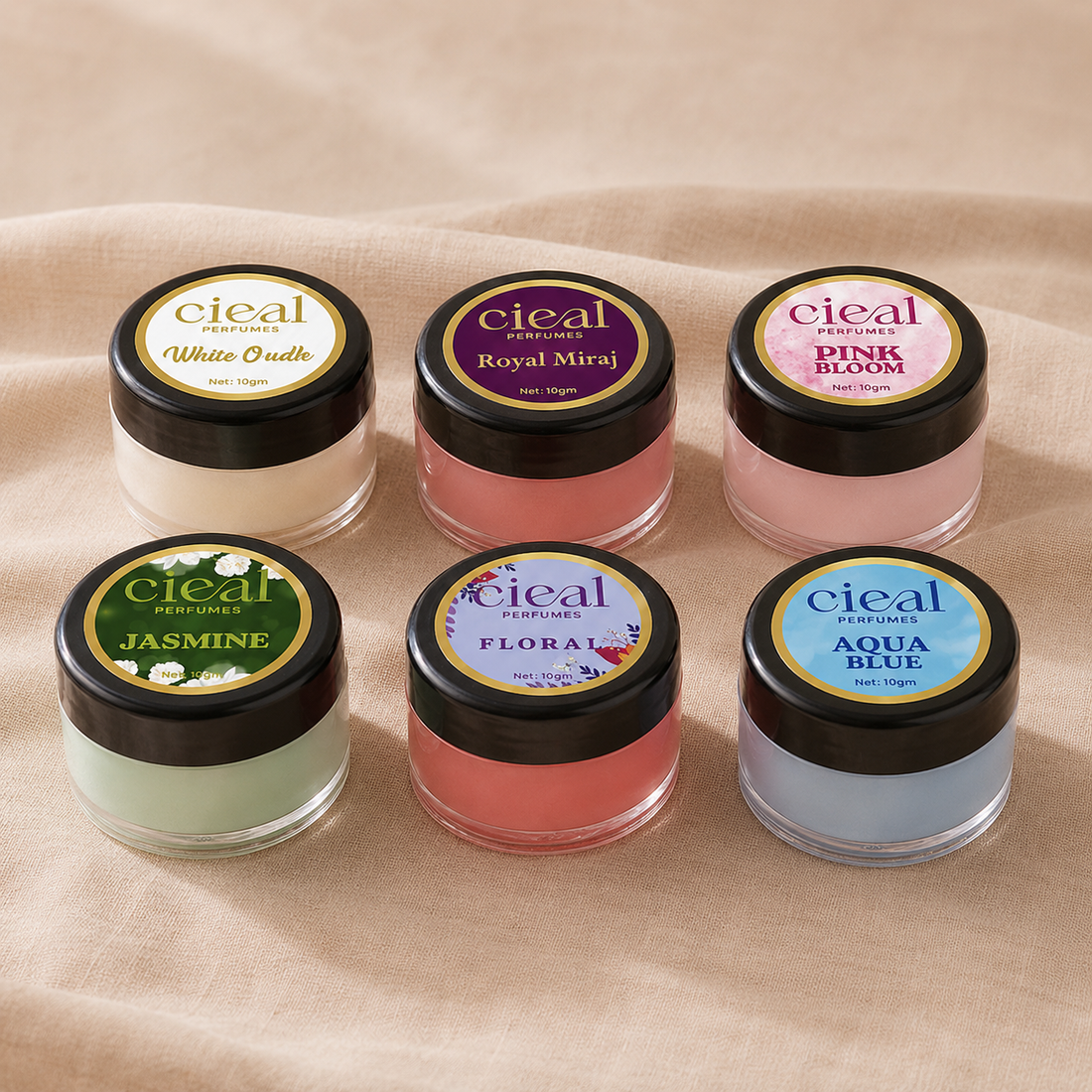 CIEAL Solid Perfume Master Set of 6 – Aqua Blue, Pink Bloom, Royal Miraj, Floral, White Oud & Jasmine | 10g Each