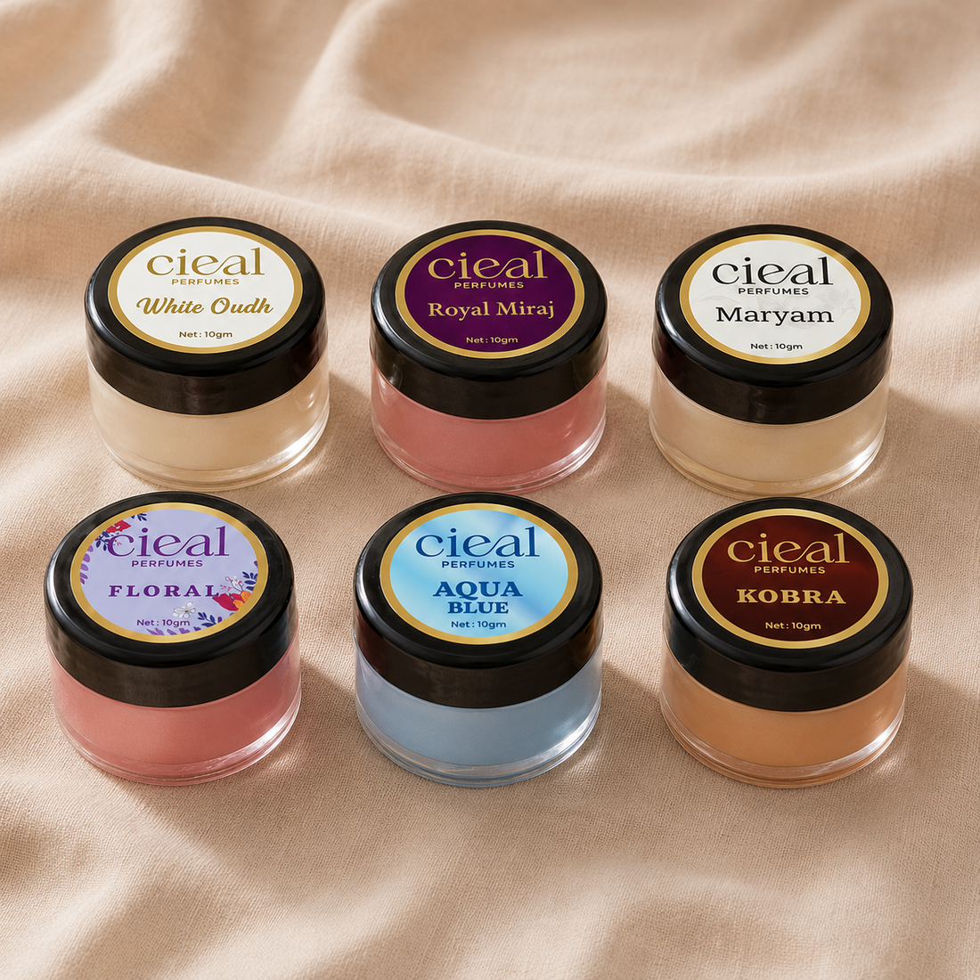 CIEAL Solid Perfume Master Set of 6 – Aqua Blue, Royal Miraj, Maryam, White Oud, Floral & Kobra | 10g Each