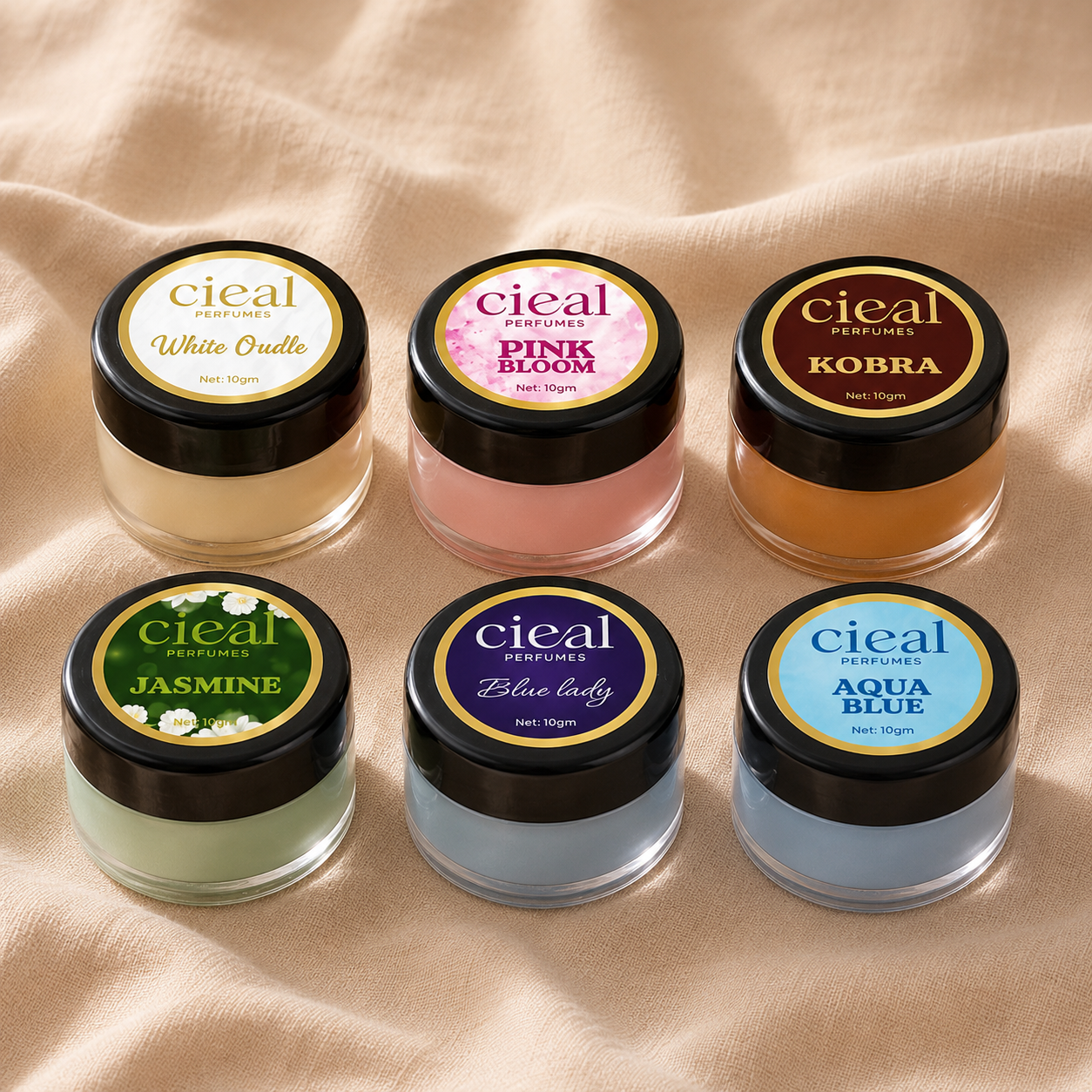 CIEAL Solid Perfume Master Set of 6 – Aqua Blue, Jasmine, Pink Bloom, Kobra, White Oud &amp; Blue Lady | 10g Each