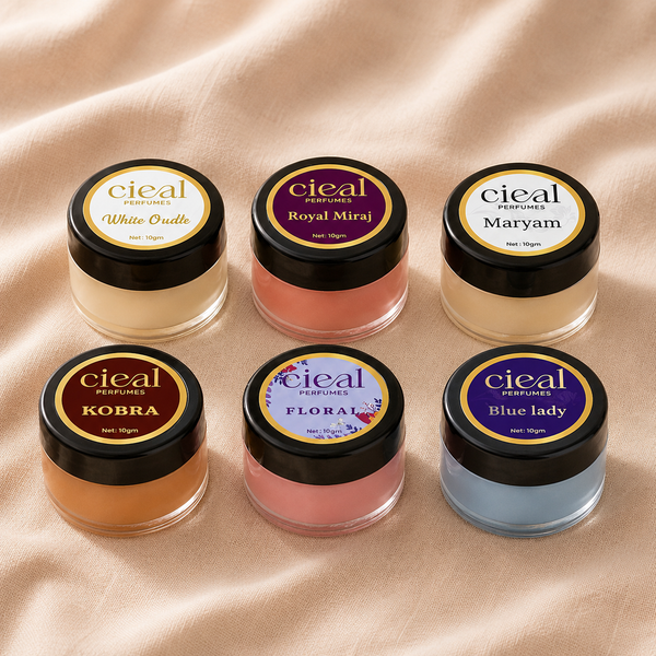 CIEAL Solid Perfume Master Set of 6 – Kobra, Royal Miraj, Floral, Maryam, Blue Lady & White Oud | 10g Each
