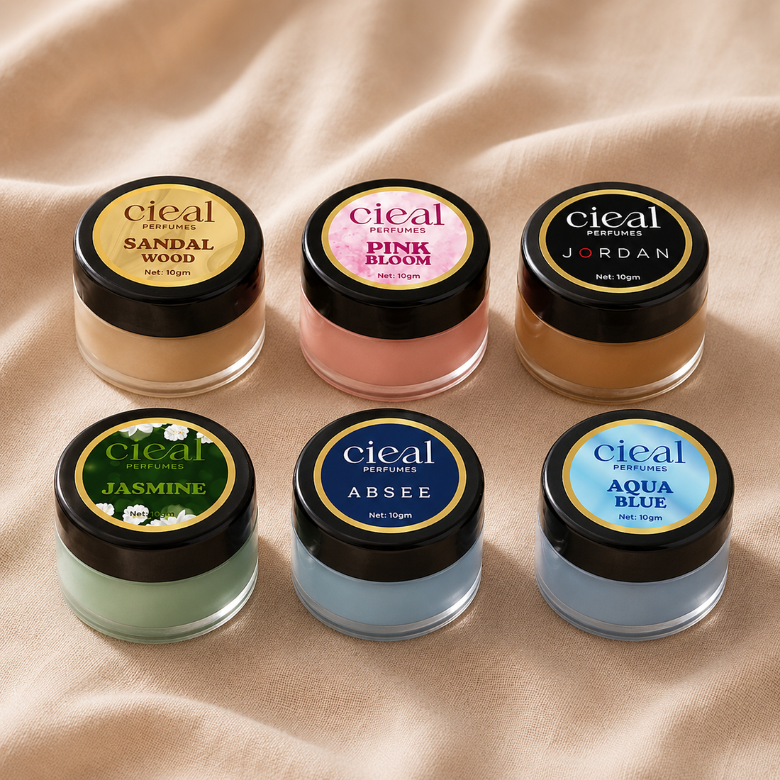 CIEAL Solid Perfume Master Set of 6 – Aqua Blue, Jasmine, Sandalwood, Jordan, Absee & Pink Bloom | 10g Each