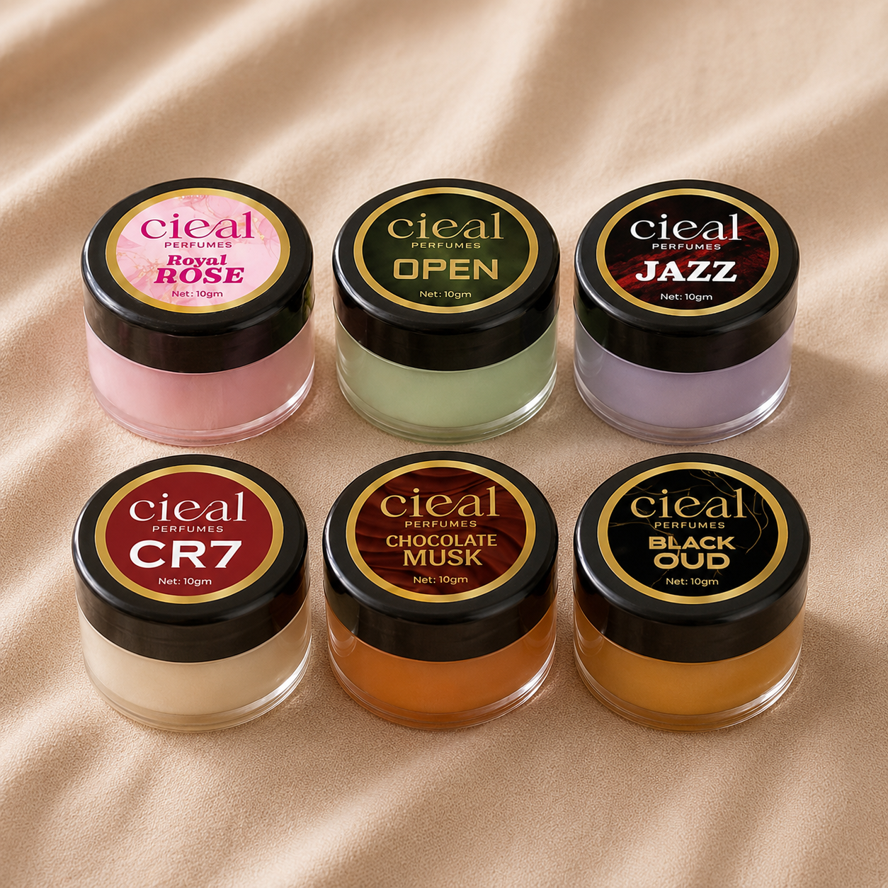 CIEAL Solid Perfume Master Set of 6 – Amber Wood, Royal Rose, Jazz, Black Oud, Chocolate Musk &amp; Open | 10g Each