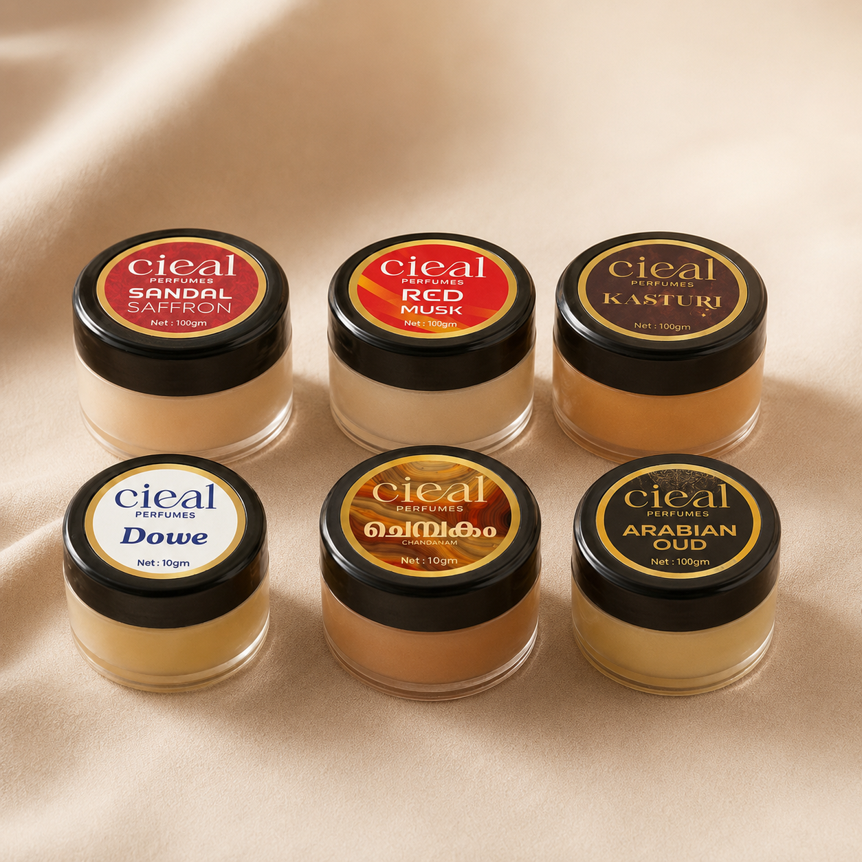 CIEAL Solid Perfume Master Set of 6 – Sandal Saffron, Chembakakam, Arabian Oud, Dowe, Red Musk &amp; Kasturi | 10g Each