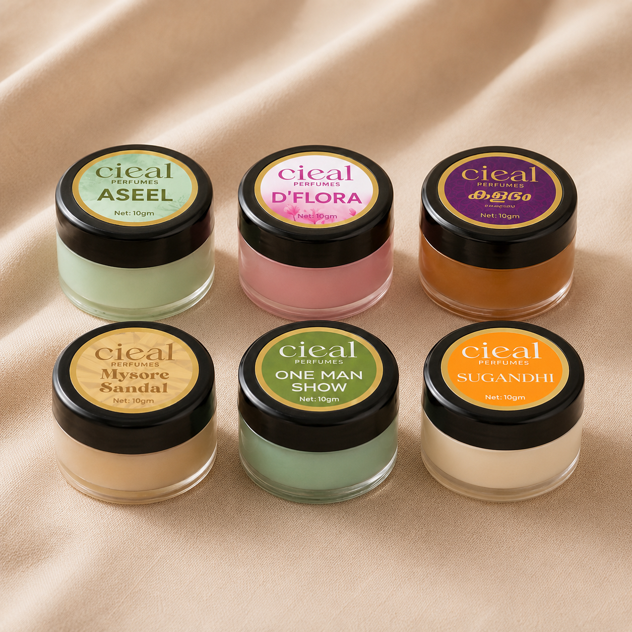 CIEAL Solid Perfume Master Set of 6 – Mysore Sandal, Aseel, D'Flora, Kalabham, One Man Show &amp; Sugandhi | 10g Each
