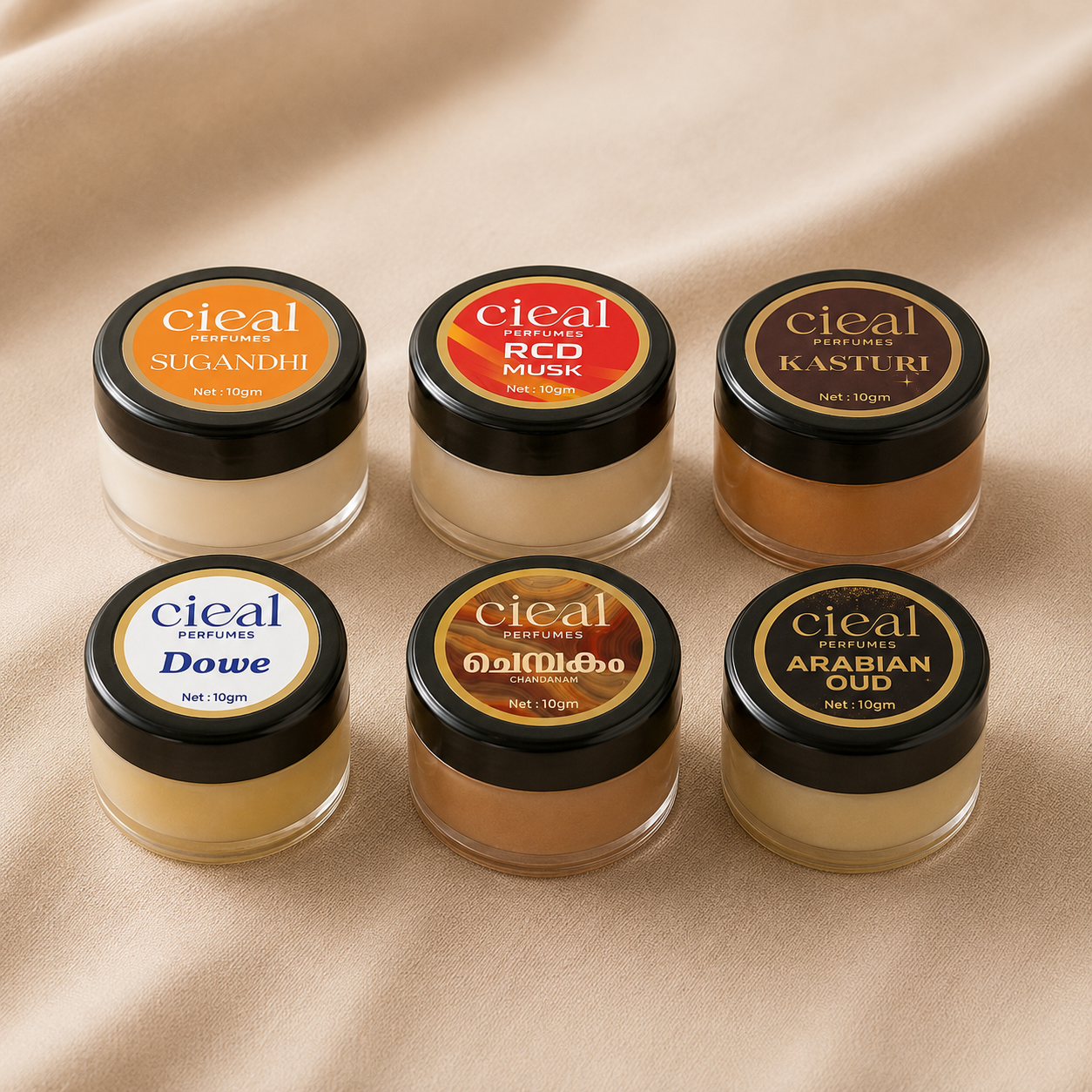 CIEAL Solid Perfume Master Set of 6 – Chembakam, Sugandhi, Dowe, Arabian Oud, Kasturi &amp; Red Musk | 10g Each