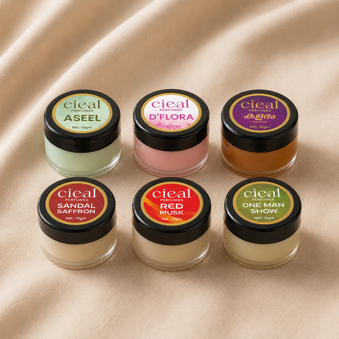 CIEAL Solid Perfume Master Set of 6 – Sandal Saffron, Red Musk, Aseel, Kalabham, D'Flora &amp; One Man Show | 10g Each