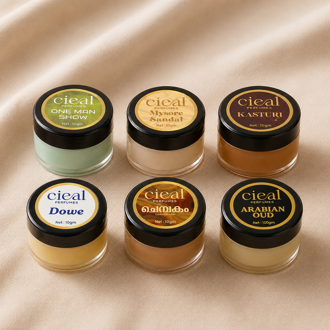 CIEAL Solid Perfume Master Set of 6 – Kasturi, Chembakam, One Man Show, Dowe, Arabian Oud &amp; Mysore Sandal | 10g Each