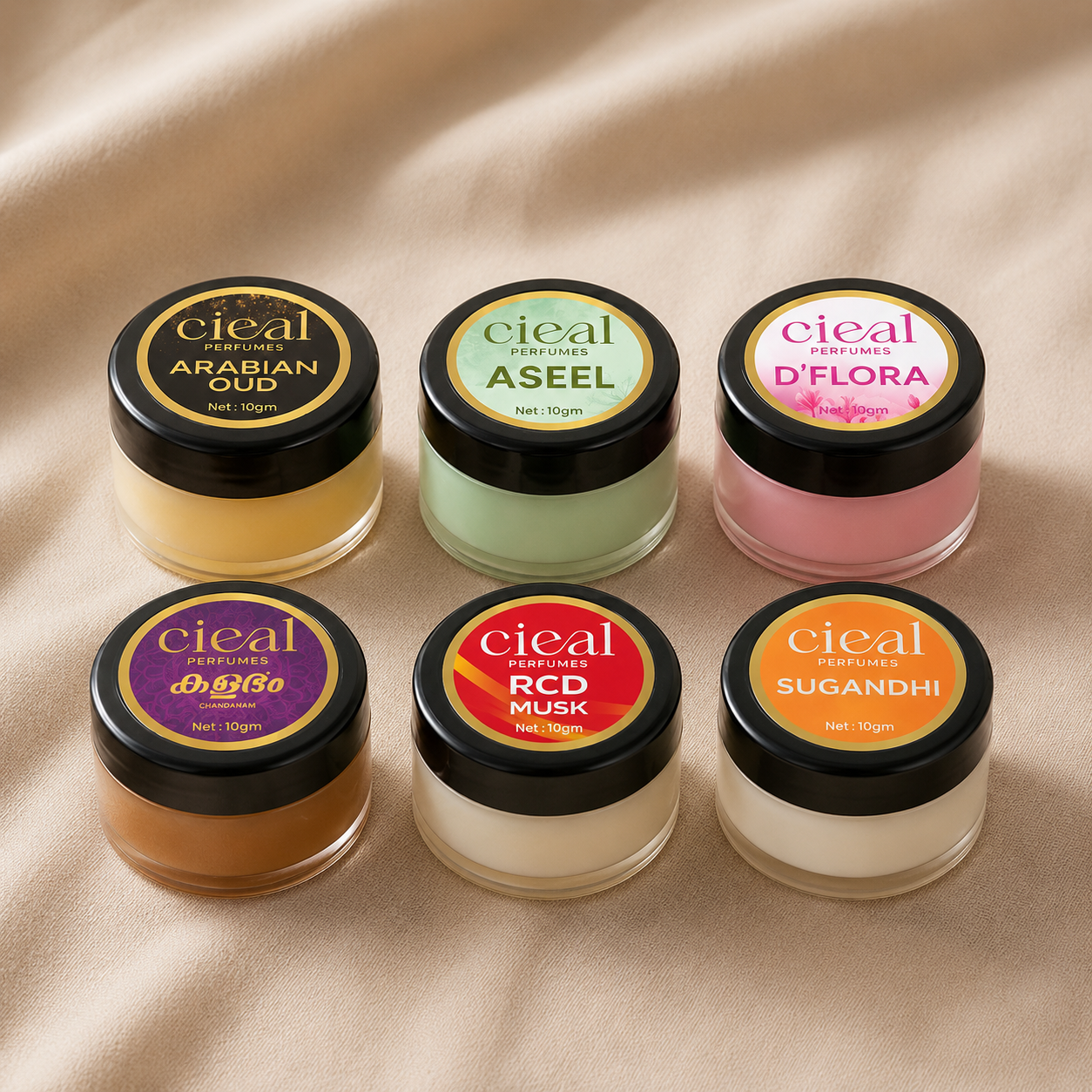 CIEAL Solid Perfume Master Set of 6 – Arabian Oud, Aseel, Kalabham, Sugandhi, D'Flora &amp; Red Musk | 10g Each