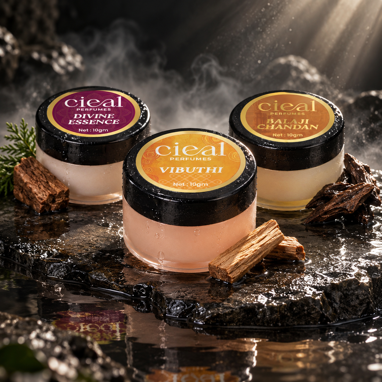CIEAL Solid Perfume Set of 3 – Balaji Chandan, Vibuthi & Divine Essence 10g Each