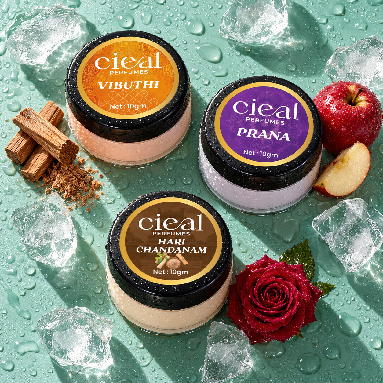 CIEAL Solid Perfume Set of 3 – Hari Chandanam, Vibuthi & Prana 10g Each