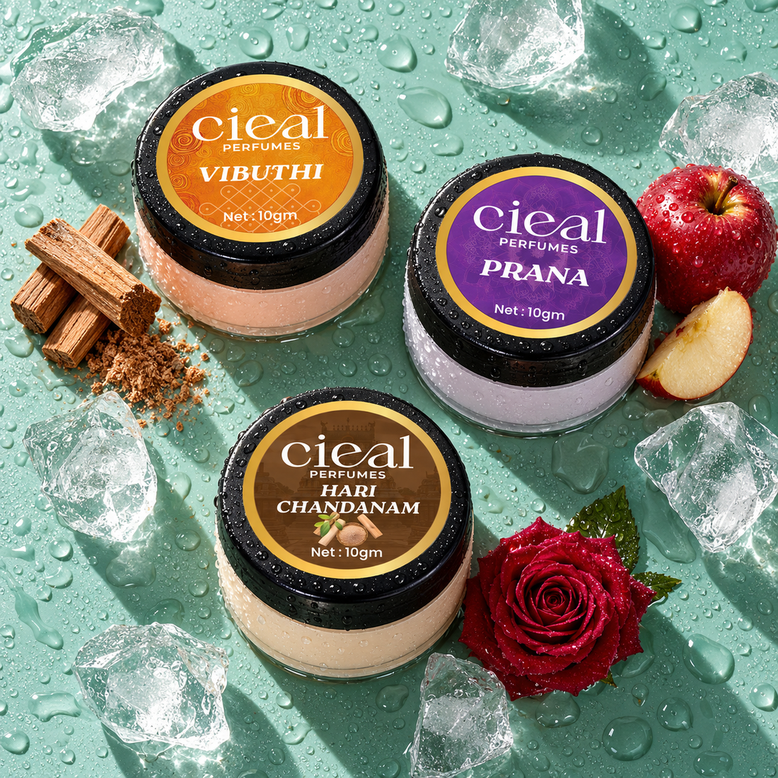 CIEAL Solid Perfume Set of 3 – Hari Chandanam, Vibuthi & Prana 10g Each