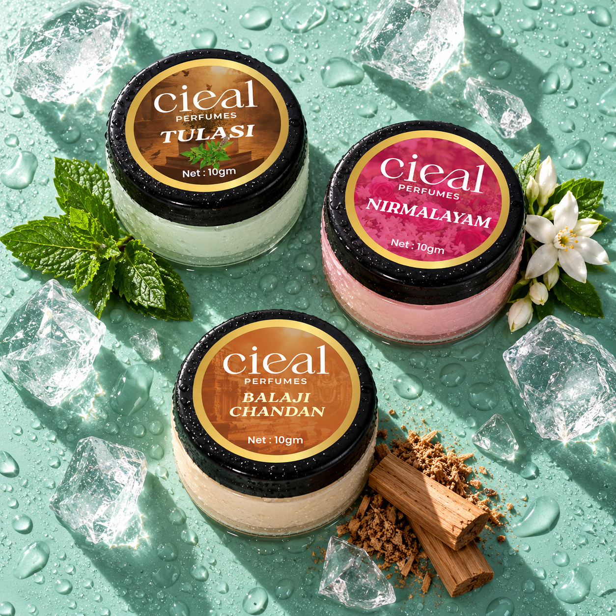 CIEAL Solid Perfume Set of 3 – Balaji Chandan, Nirmalyam & Tulasi 10g Each