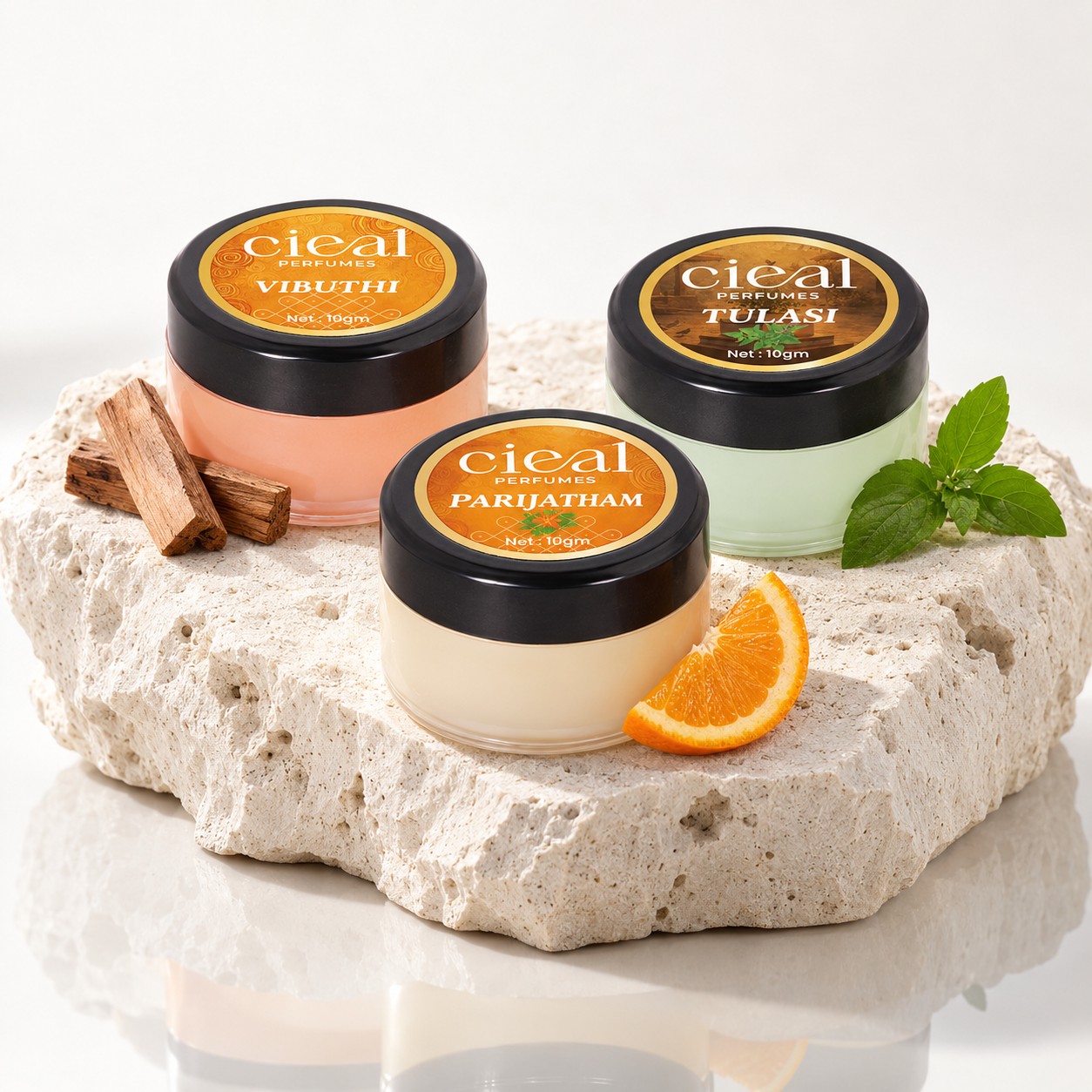 CIEAL Solid Perfume Set of 3 – Parijatham, Vibuthi & Tulasi 10g Each