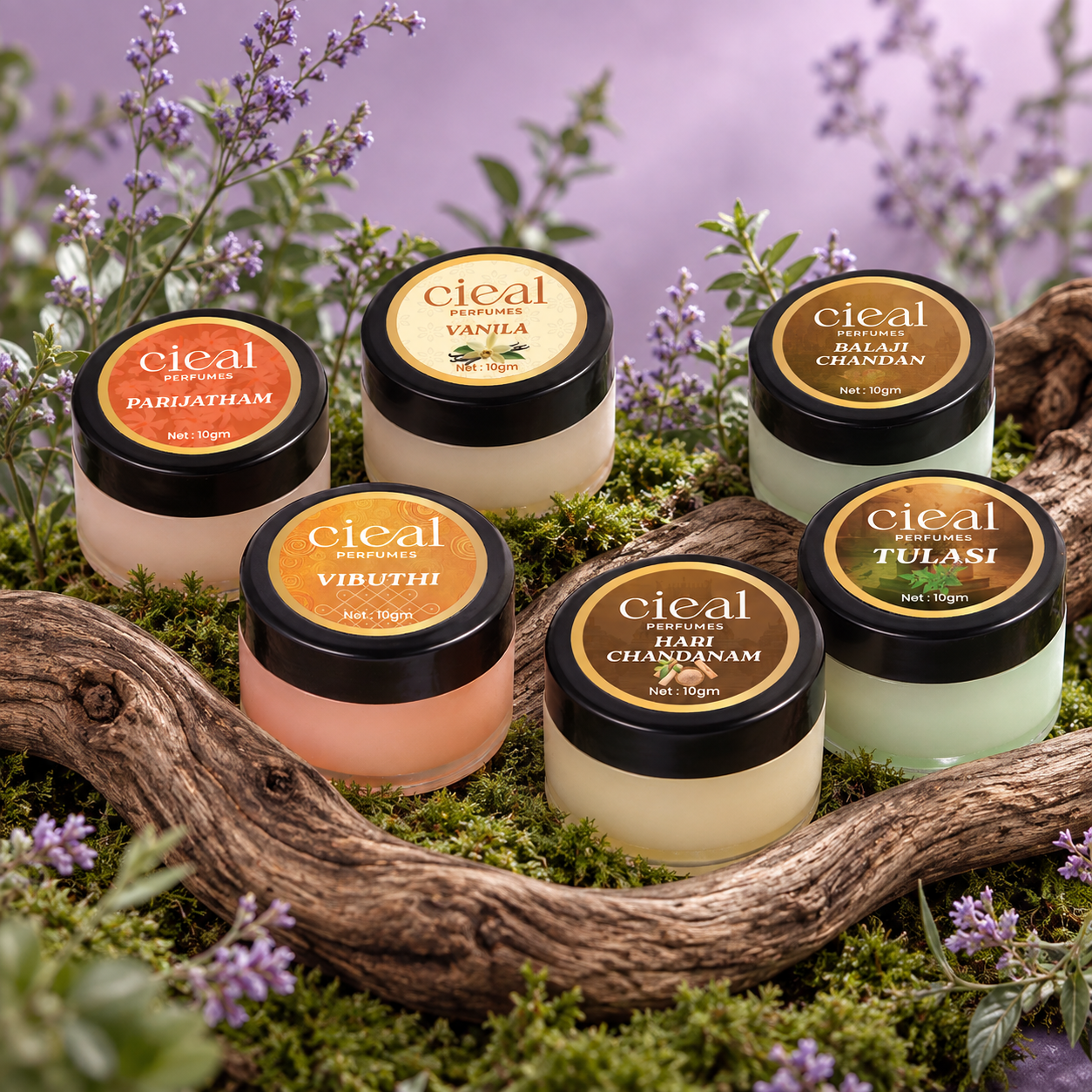CIEAL Solid Perfume Set of 6 – Hari Chandanam, Parijatham, Tulasi, Balaji Chandan, Vibuthi & Vanilla 10g Each