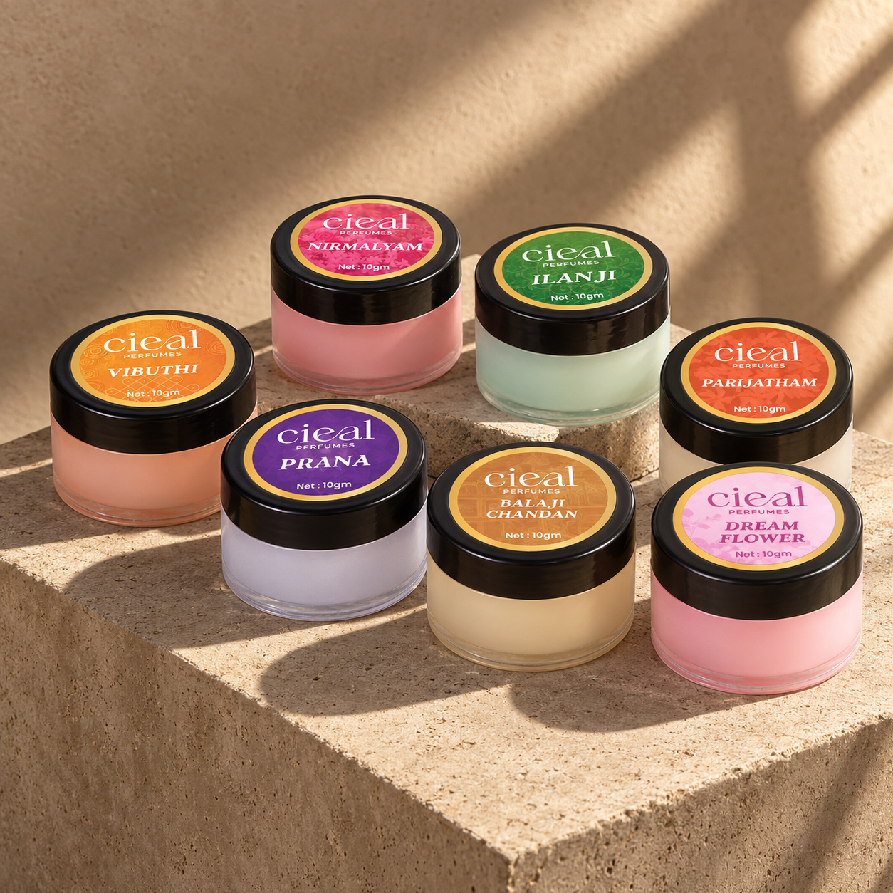 CIEAL Solid Perfume Set of 6 – Dream Flower, Vibuthi, Nirmalyam, Parijatham, Ilanji & Prana 10g Each