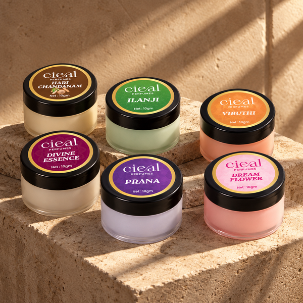 CIEAL Solid Perfume Set of 6 – Divine Essence, Prana, Ilanji, Hari Chandanam, Tulasi & Balaji Chandan 10 g each