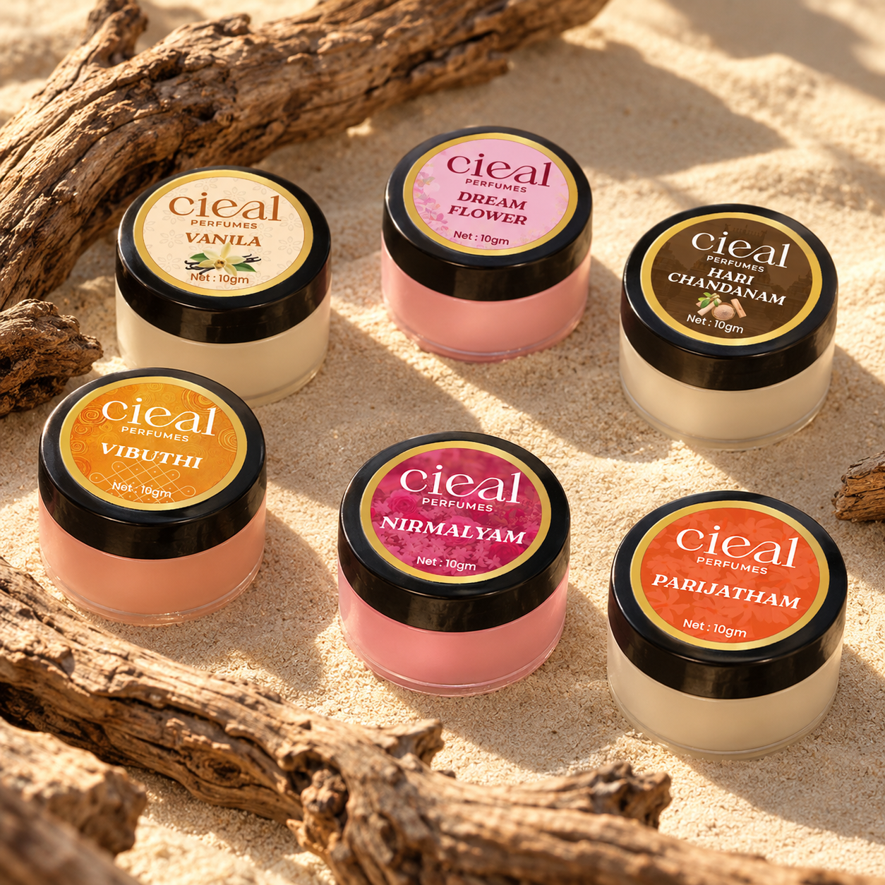 CIEAL Solid Perfume Set of 6 – Hari Chandanam, Parijatham, Vanilla, Dream Flower, Nirmalyam & Vibuthi  10g Each
