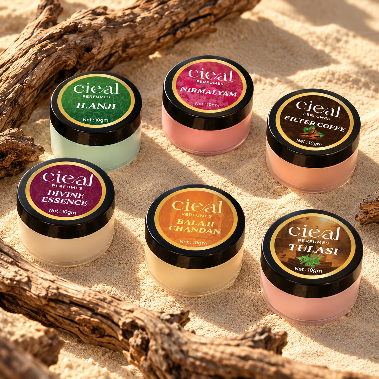 CIEAL Solid Perfume Set of 6 – Filter Coffee, Divine Essence, Nirmalyam, Balaji Chandan, Ilanji & Tulasi  10g Each