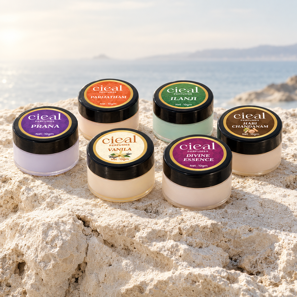 CIEAL Solid Perfume Set of 6 – Hari Chandanam, Divine Essence, Parijatham, Prana, Vanilla & Ilanji 10g Each