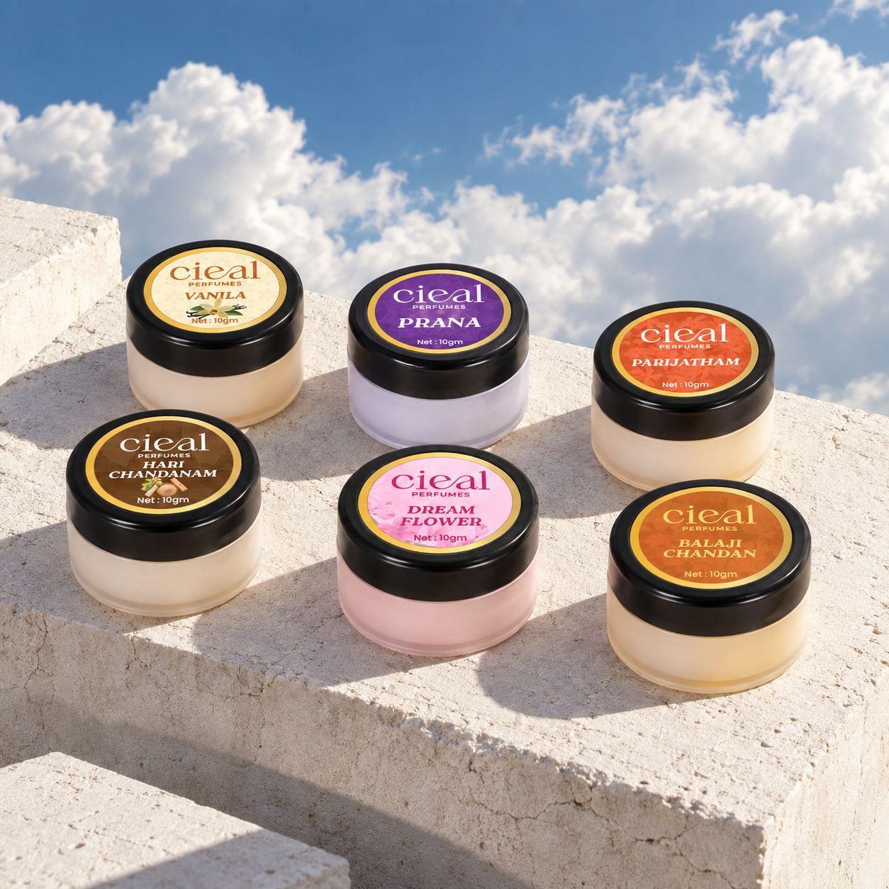 CIEAL Solid Perfume Set of 6 – Hari Chandanam, Balaji Chandan, Dream Flower, Parijatham, Vanilla & Prana 10g Each
