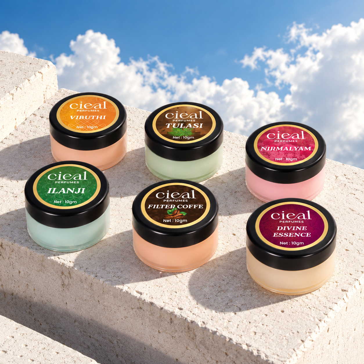 CIEAL Solid Perfume Set of 6 – Divine Essence, Vibuthi, Nirmalyam, Ilanji, Tulasi & Filter Coffee 10g Each