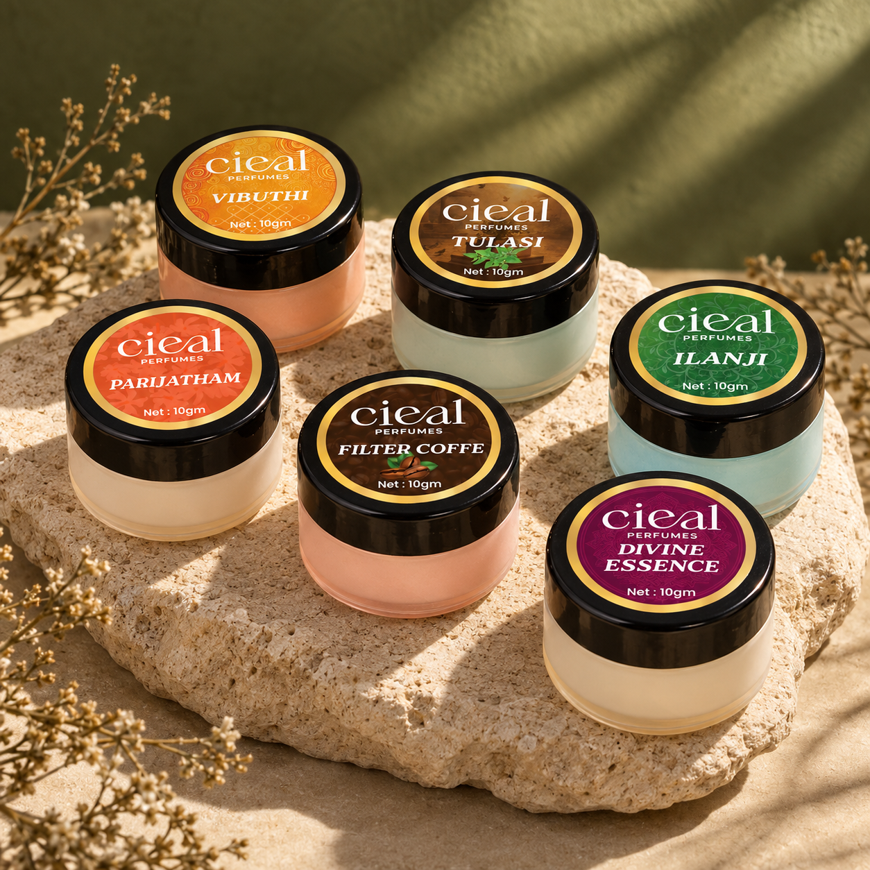 CIEAL Solid Perfume Set of 6 – Parijatham, Divine Essence, Vibuthi, Ilanji, Tulasi & Filter Coffee 10g Each.