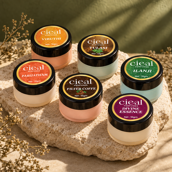 CIEAL Solid Perfume Set of 6 – Parijatham, Divine Essence, Vibuthi, Ilanji, Tulasi & Filter Coffee 10g Each.