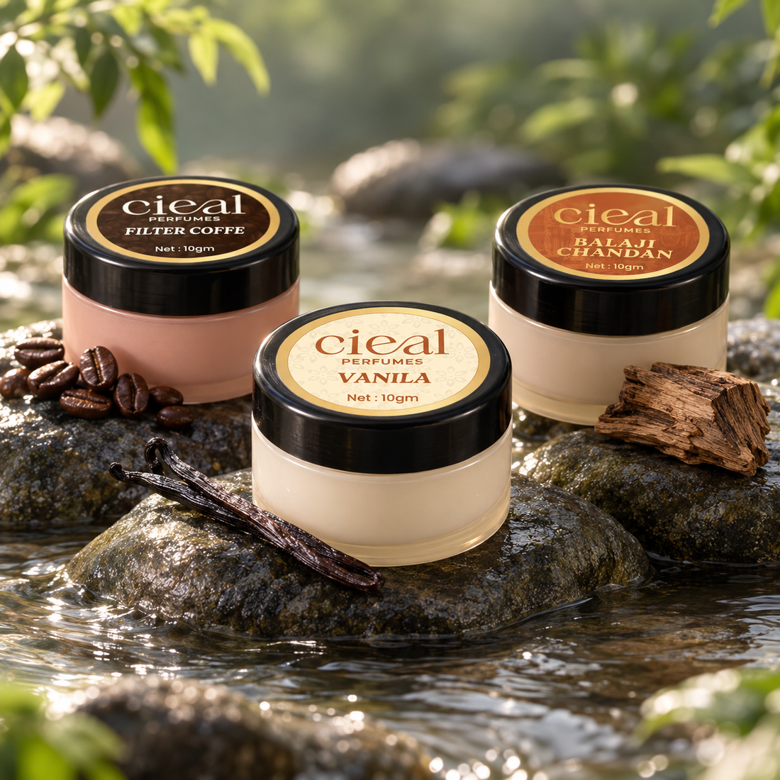 CIEAL Solid Perfume Set of 3 – Filter Coffee, Vanilla & Balaji Chandan | 10g Each