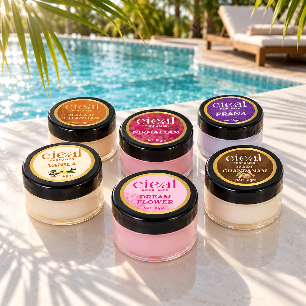 CIEAL Solid Perfume Set of 6 – Hari Chandanam, Prana, Balaji Chandan, Nirmalyam, Dream Flower & Vanilla 10g Each.