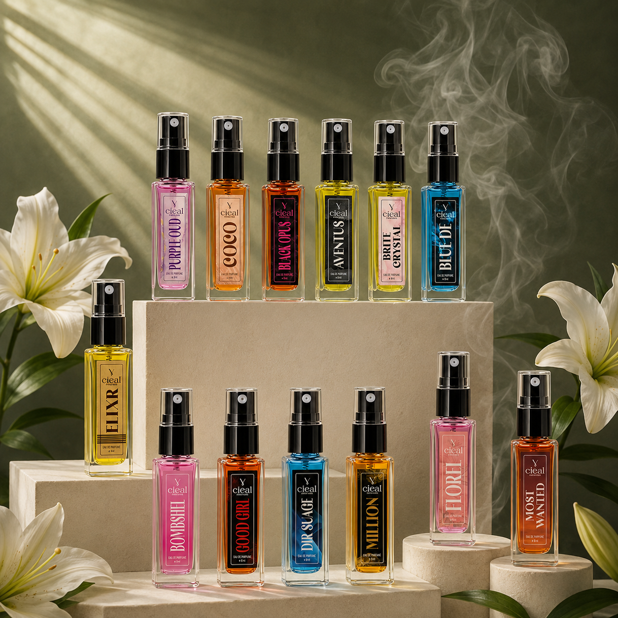 CIEAL Perfume Spray Gift Set of 12 – BRITE CRYSTAL, BOMBSHELL, MILLION, COCO, DIR SUAGE, ELIXIR, FLORAL, GOOD GIRL, MOST WANTED, PURPLE OUD, AVENTUS & BLACK OPUS – 8 ml each