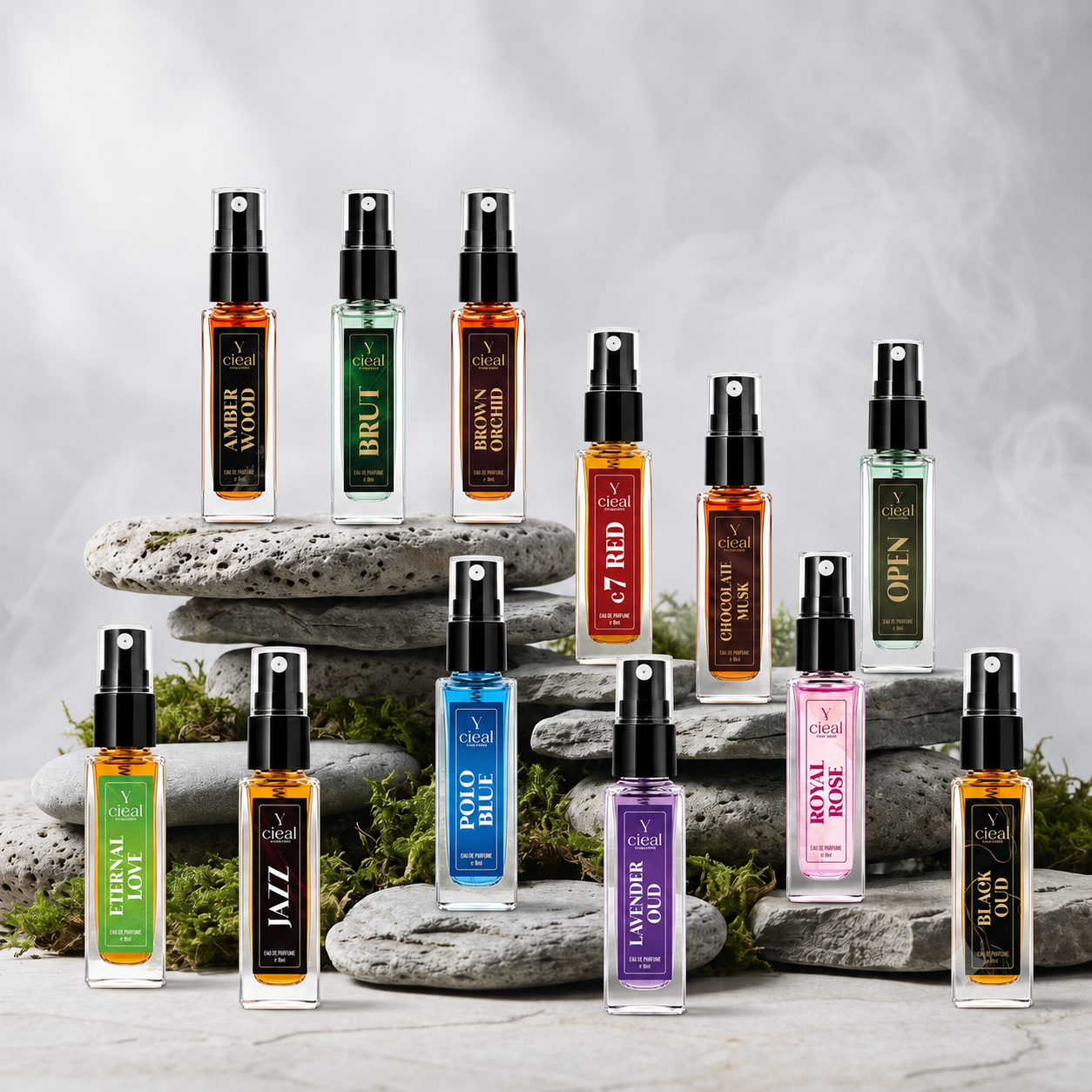 CIEAL Perfume Spray Gift Set of 12 – Amber Wood, Black Oud, Brown Orchid, Brut, Chocolate Musk, CR7, Eternal Love, Jazz, Lavender Oud, Open, Polo Blue & Royal Rose – 8 ml each