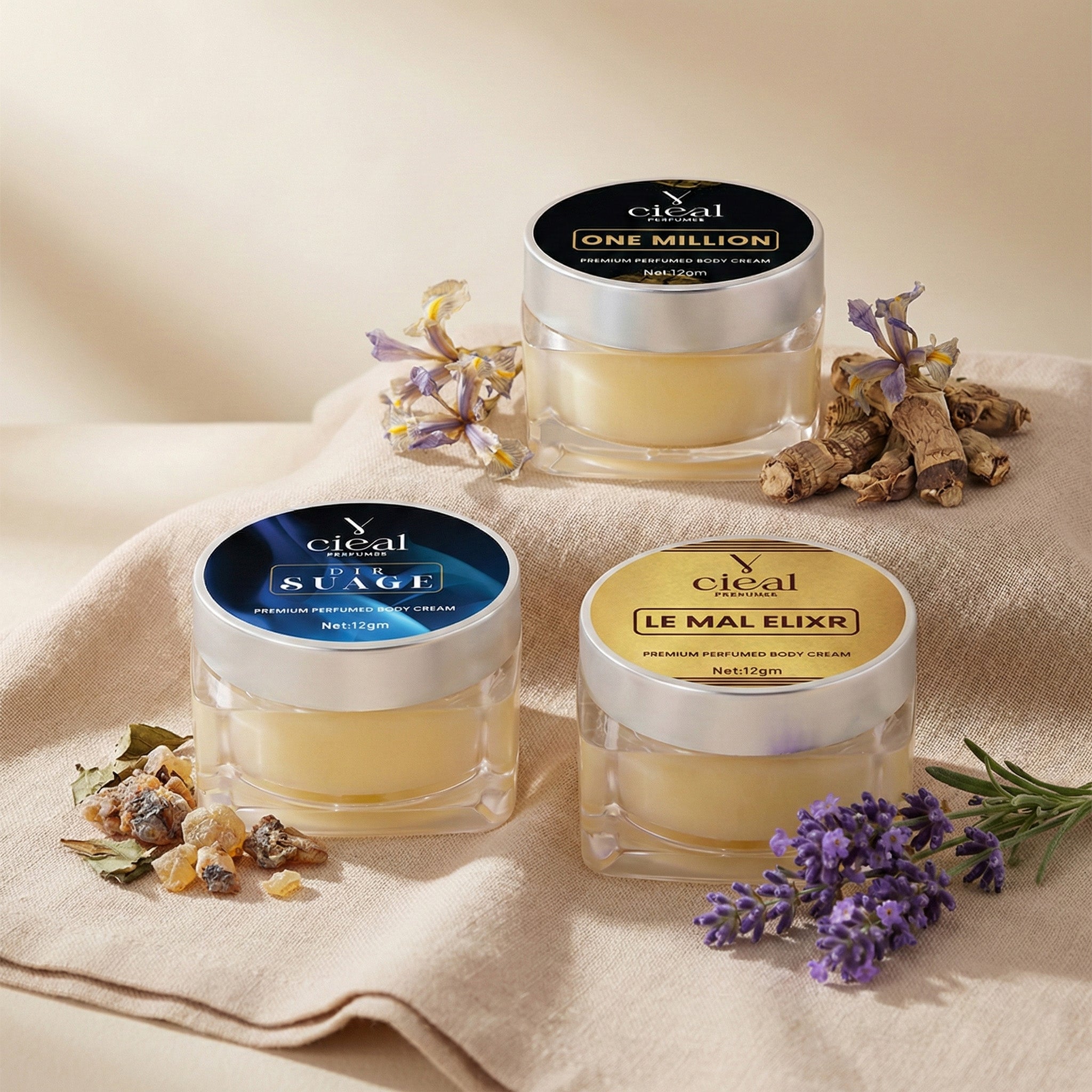 CIEAL PREMIUM SOLID PERFUME SET OF 3 – INSPIRED BY DIR SUAGE | ONE MILLION | LE MAL ELIXR (FOR MEN)