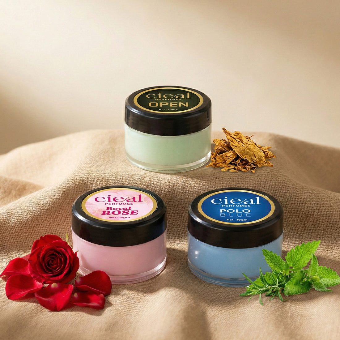 CIEAL SOLID PERFUME SET OF 3 – POLO BLUE | ROYAL ROSE | OPEN
