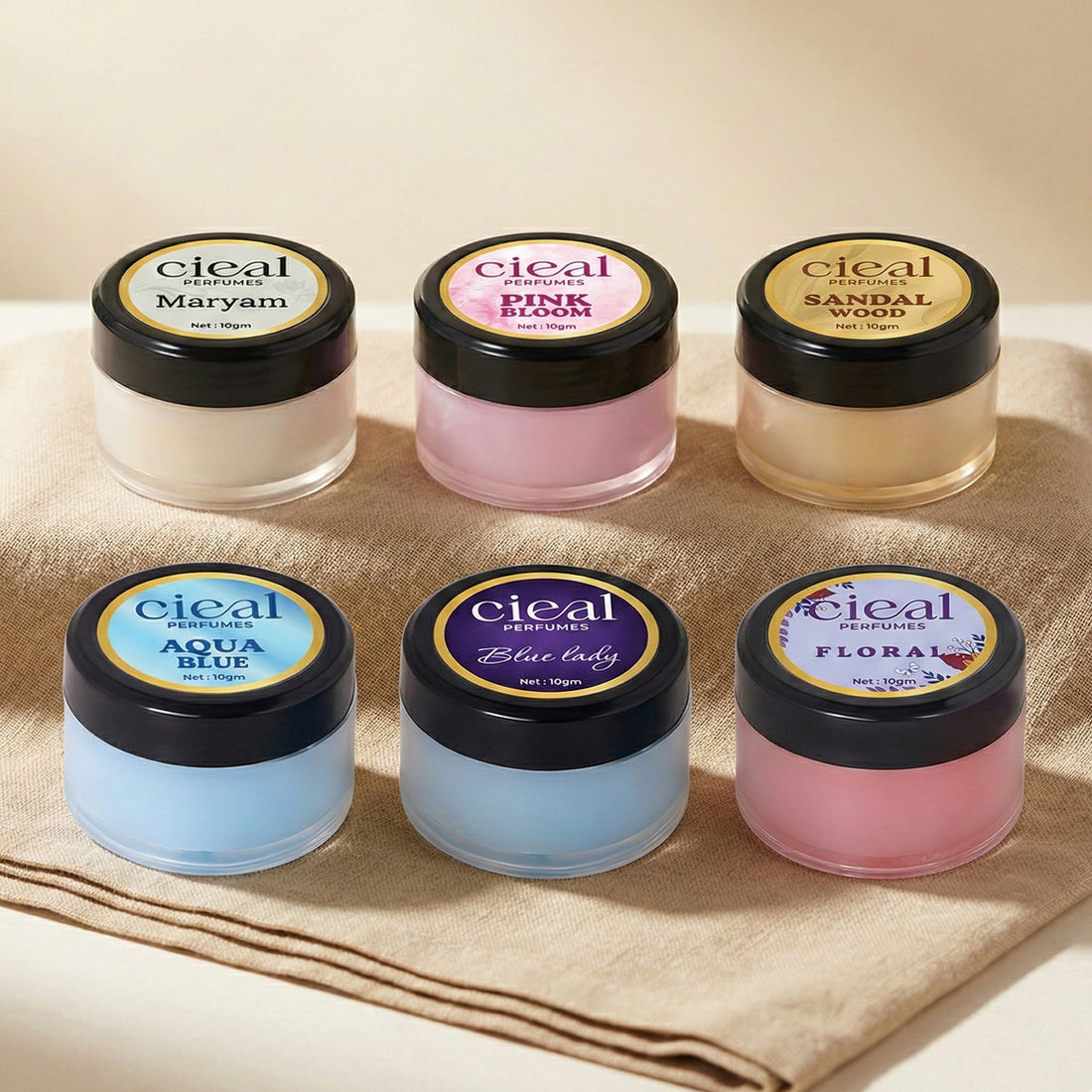 CIEAL SOLID PERFUME SET OF 6 – AQUA BLUE | FLORAL | BLUE LADY | MARYAM | PINK BLOOM | SANDALWOOD