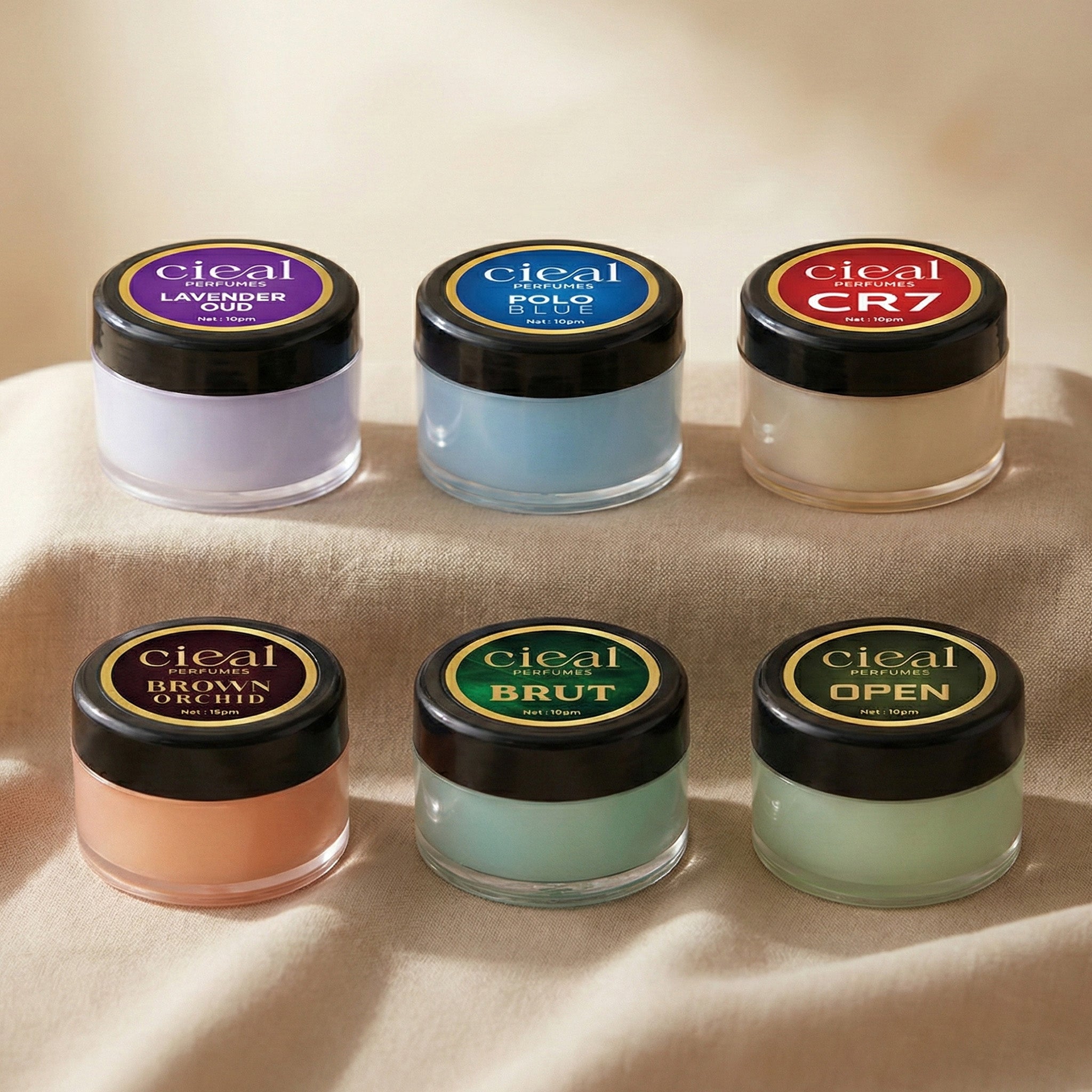 CIEAL SOLID PERFUME SET OF 6 – POLO BLUE | OPEN | CR7 | LAVENDER OUD | BROWN ORCHID | BRUT
