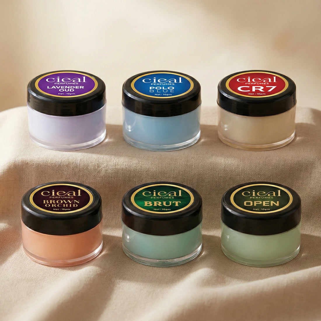 CIEAL SOLID PERFUME SET OF 6 – POLO BLUE | OPEN | CR7 | LAVENDER OUD | BROWN ORCHID | BRUT