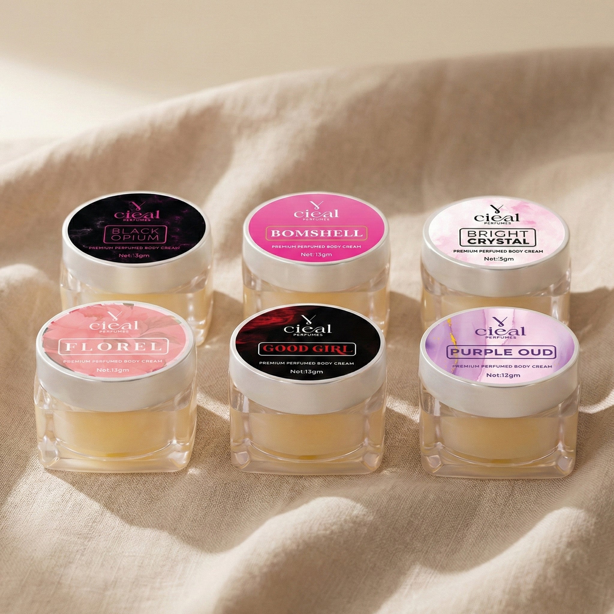 CIEAL PREMIUM SOLID PERFUME SET OF 6 – INSPIRED BY BOMBSHELL | PURPLE OUD | BRIGHT CRYSTAL | BLACK OPIUM | GOOD GIRL | FLORAL (FOR WOMEN)