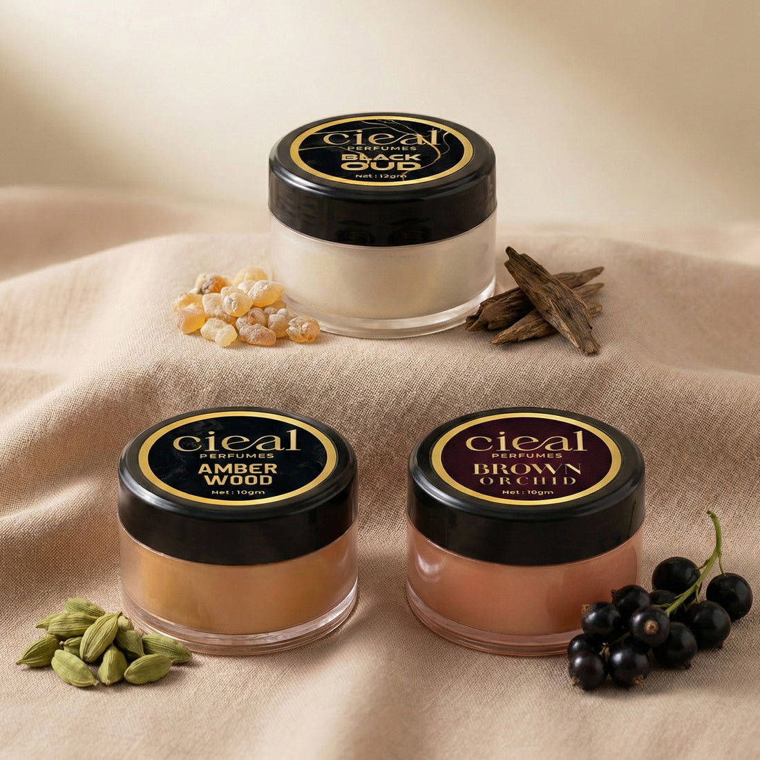 CIEAL SOLID PERFUME SET OF 3 – AMBER WOOD | BLACK OUD | BROWN ORCHID
