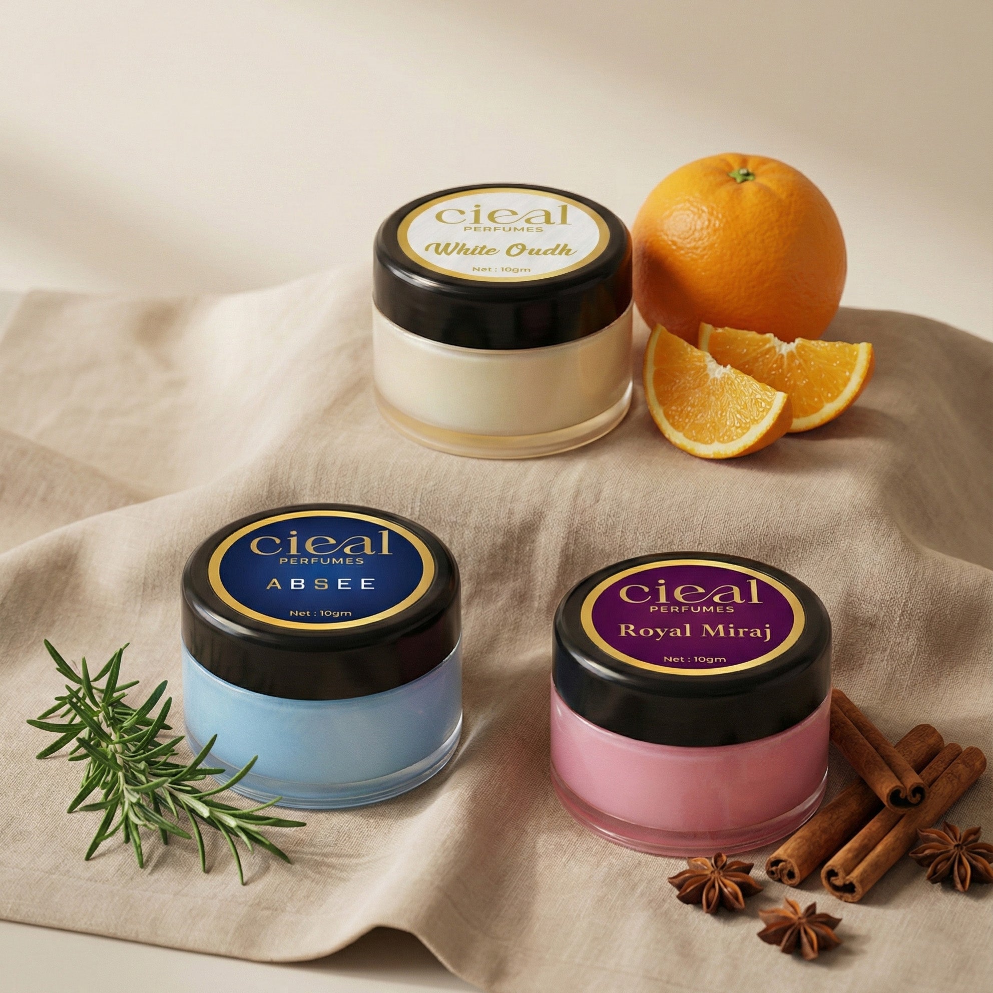 CIEAL SOLID PERFUME SET OF 3 – ROYAL MIRAJ | WHITE OUD | ABSEE