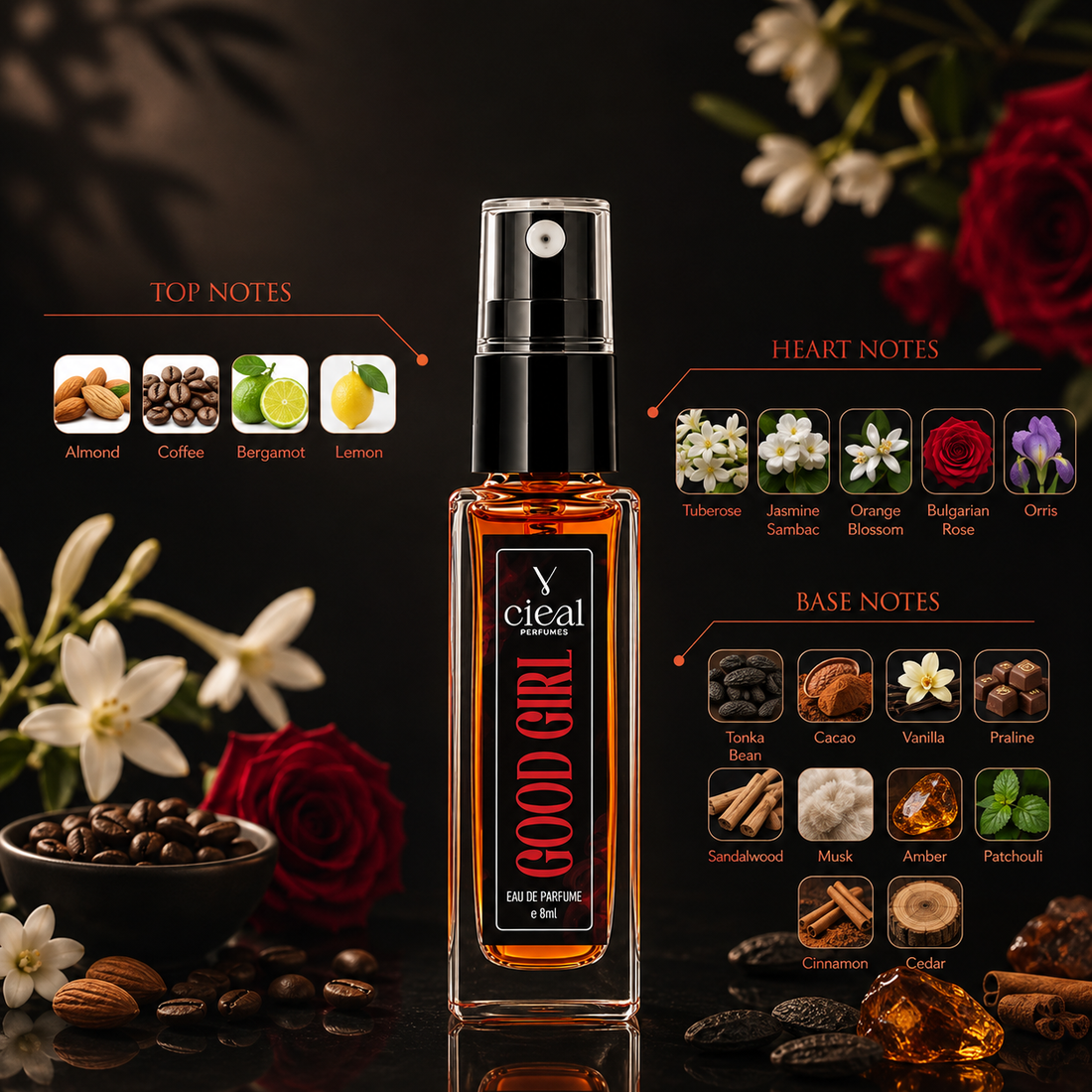 CIEAL Perfume Spray Gift Set of 3 – BRITE CRYSTAL, BLACK OPUS & GOOD GIRL – 8ml Each