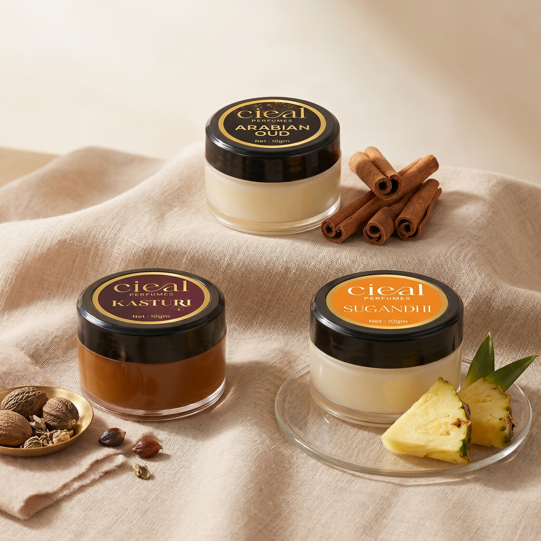 CIEAL Solid Perfume Set of 3 – Kasturi, Arabian Oud &amp; Sugandi | 10g Each