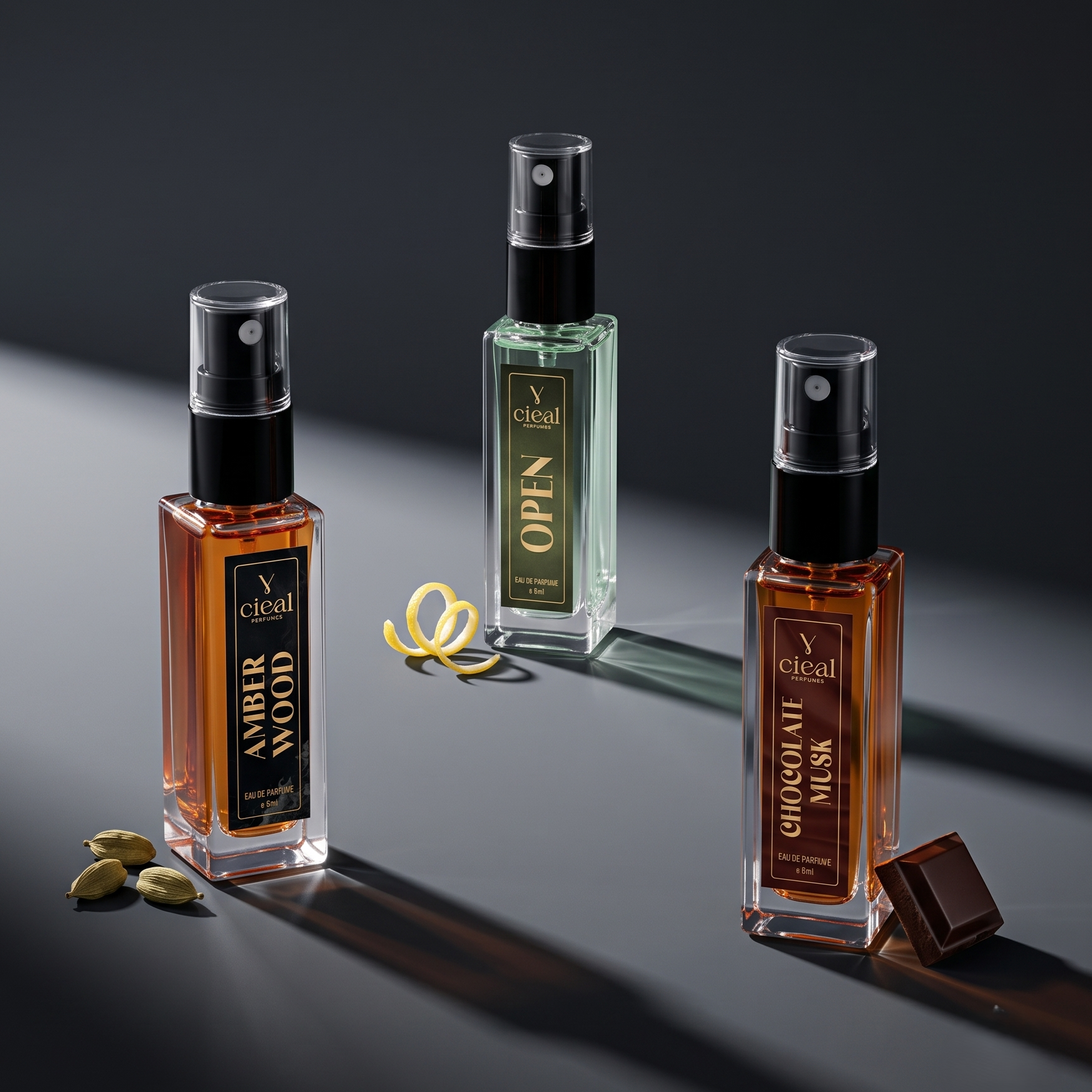 CIEAL Perfume Spray Gift Set of 3 – Amber Wood, Chocolate Musk & Open – 8ml Each