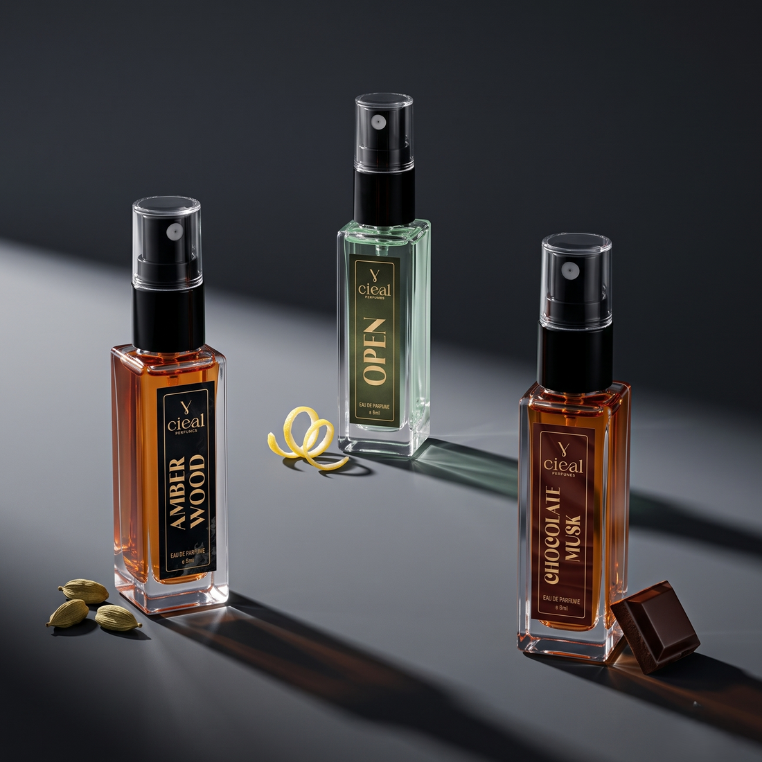 CIEAL Perfume Spray Gift Set of 3 – Amber Wood, Chocolate Musk & Open – 8ml Each