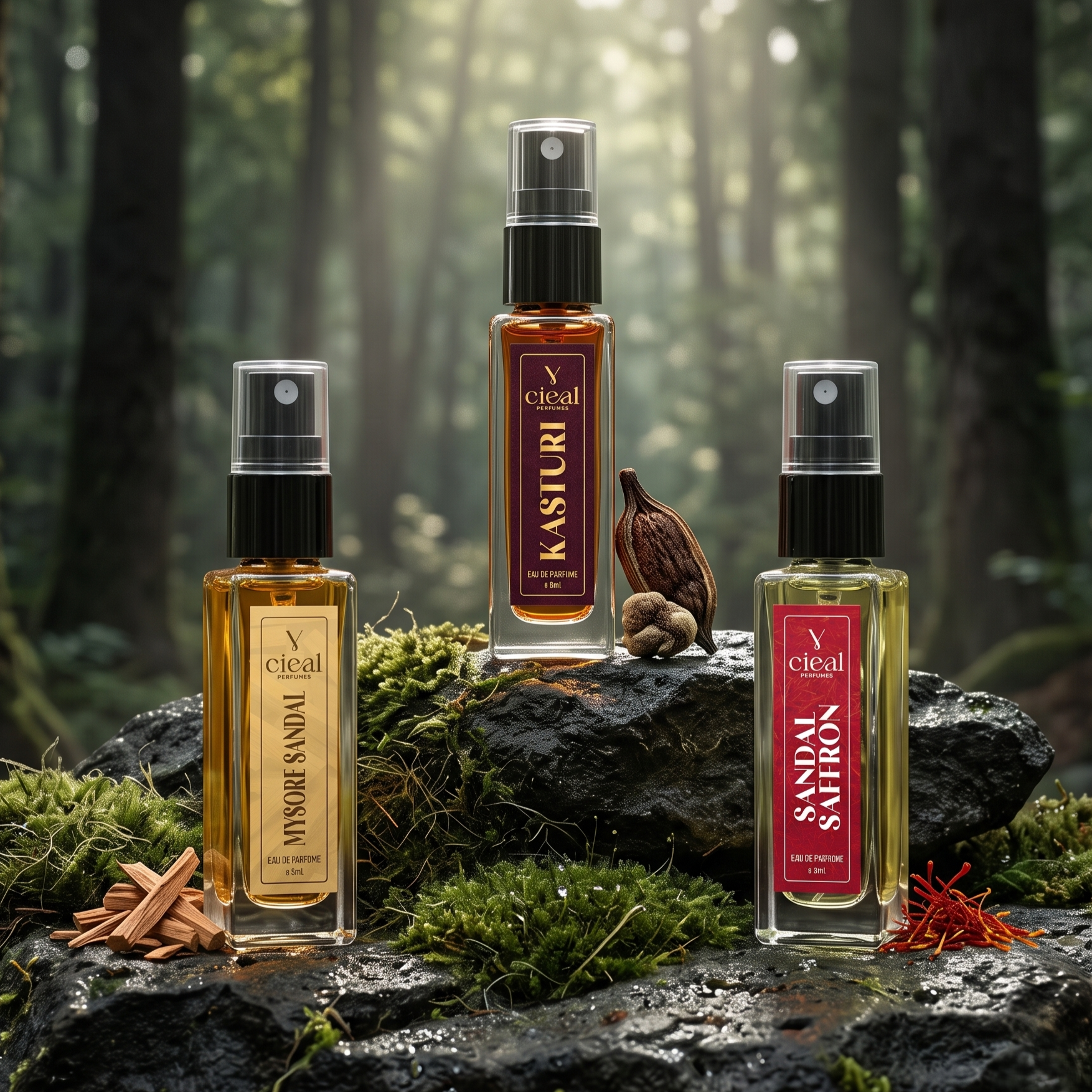 CIEAL Perfume Spray Gift Set of 3 – Kasturi, Mysore Sandal & Sandal Saffron – 8ml Each